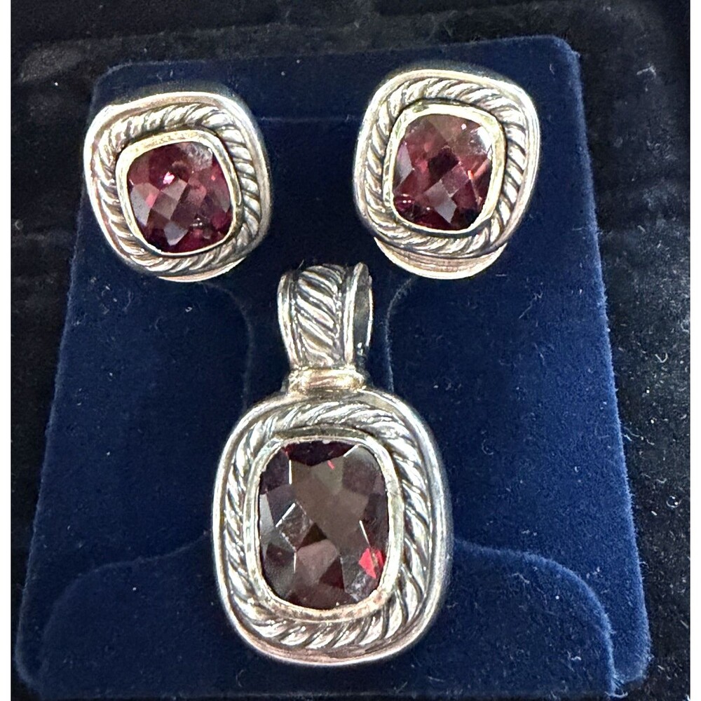 DAVID YURMAN Sterling 925 & 14K Gold with Garnet stones earrings and pendant
